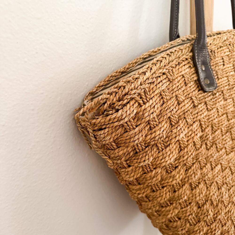 J.Crew Woven Straw Tote Bag Brown Leather Handles Large Beach Market Basket - Picture 8 of 13